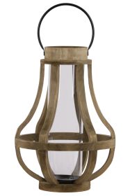 Wood Bellied Metal Handle Lantern With Hurricane Candle Holder, Large, Brown